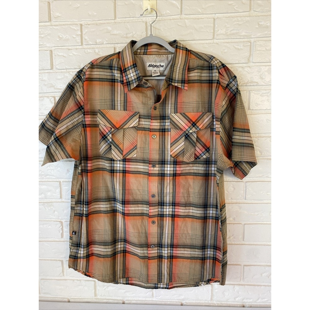 Ablanche NY Western Short Sleeve Men's Button Up Shirt Orange Blue Plaid Sz 2XL